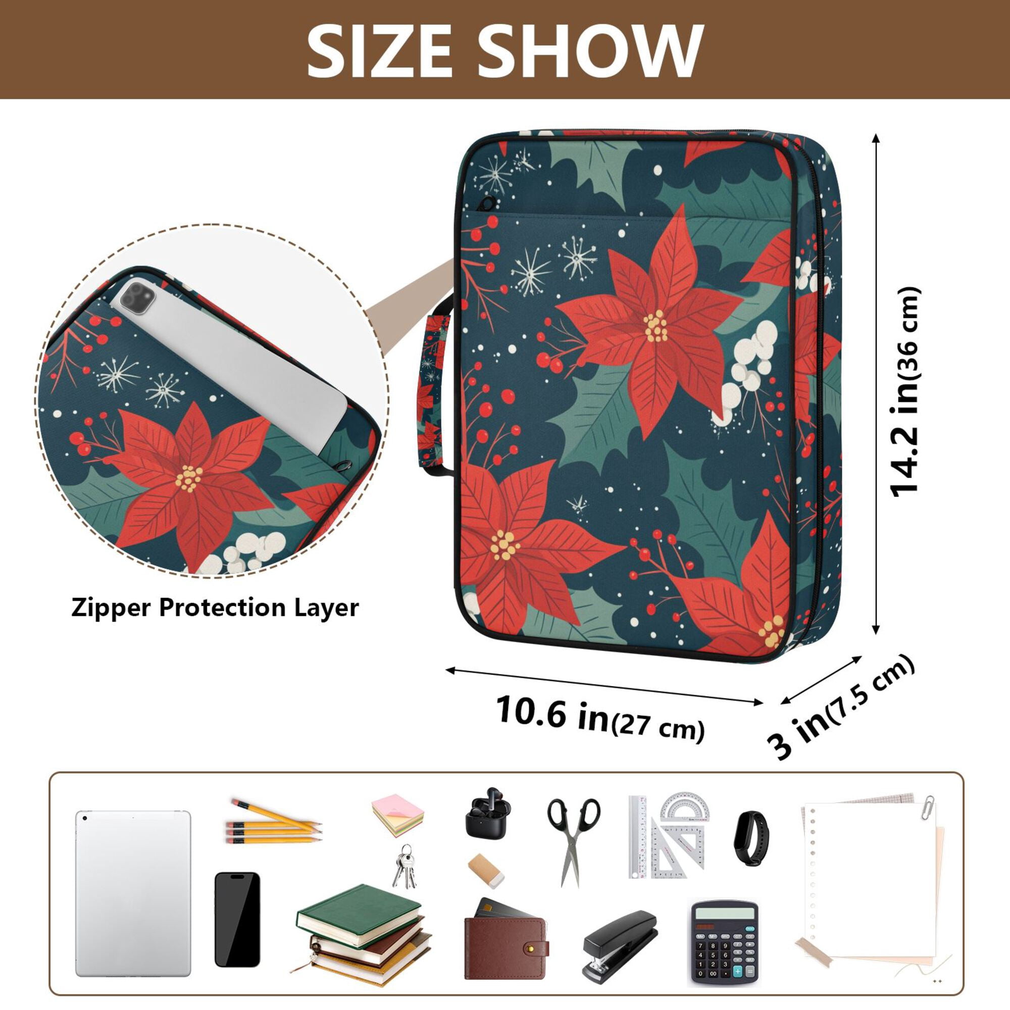 FORMRS Accordion File Folder A4 Size 7-Pocket Expanding Document Organizer Bag with 3 Ring Binder, Christmas Berries