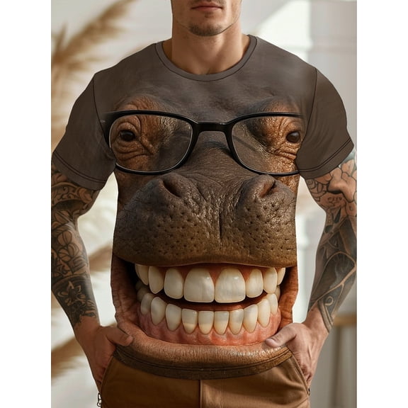 Men's Hippo Print T-Shirt - Casual Short Sleeve Crew Neck T-Shirt Machine Washable - 3D Digital Animal Pattern Shirt, Party, Casual Dress
