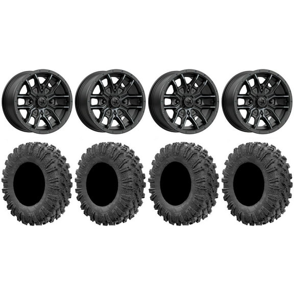 MSA Fang 14" Wheels Black 27" MotoRavage Tires Kawasaki Mule Pro FXT