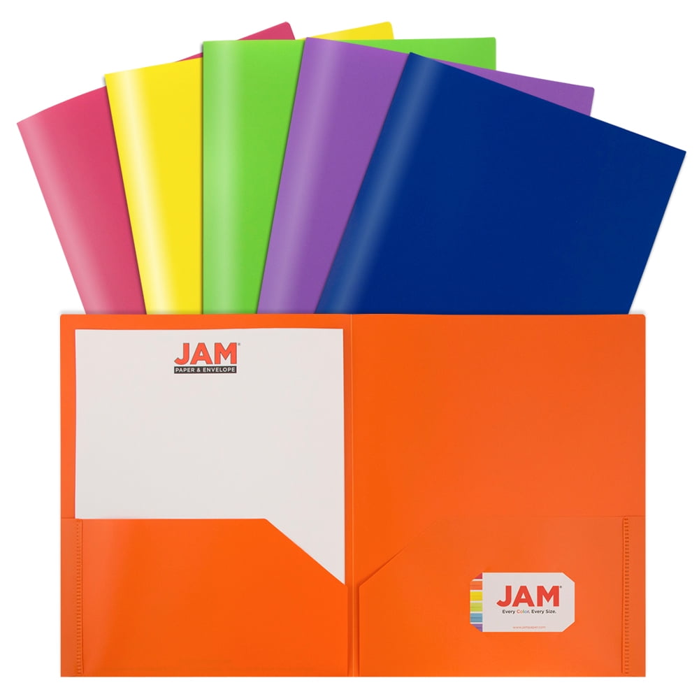 JAM Paper Plastic 2 Pocket School Pop Folders, Assorted Primary Colors, 6 per Pack