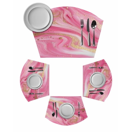 Marble Pink Round Placemats Set of 2, Modern Abstract Artwork Luxury Golden Placemats for Round Dining Table Shape Wedge Placemats for Outdoor Indoor Wipeable Clean Table Place Mats