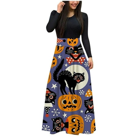 

Halloween Dress for Women Cute Printed Crewneck Long Sleeve Maxi Dresses Ruched Evening Prom Party Dress Fall Clothes
