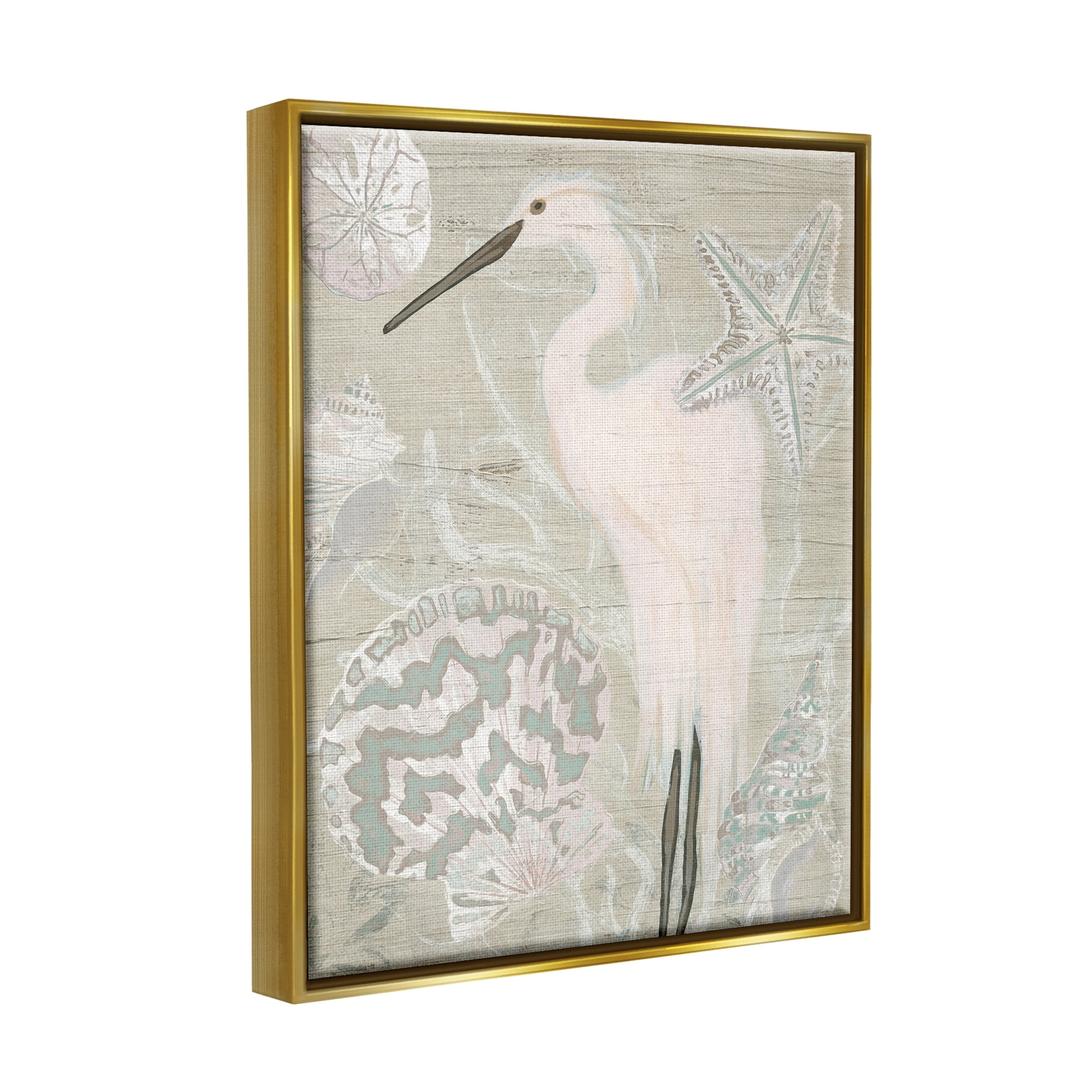 Stupell Industries Rustic Seashells Egret Bird Grainy Pattern Sign Graphic Art Metallic Gold Floating Framed Canvas Print Wall Art, Design by June Erica Vess