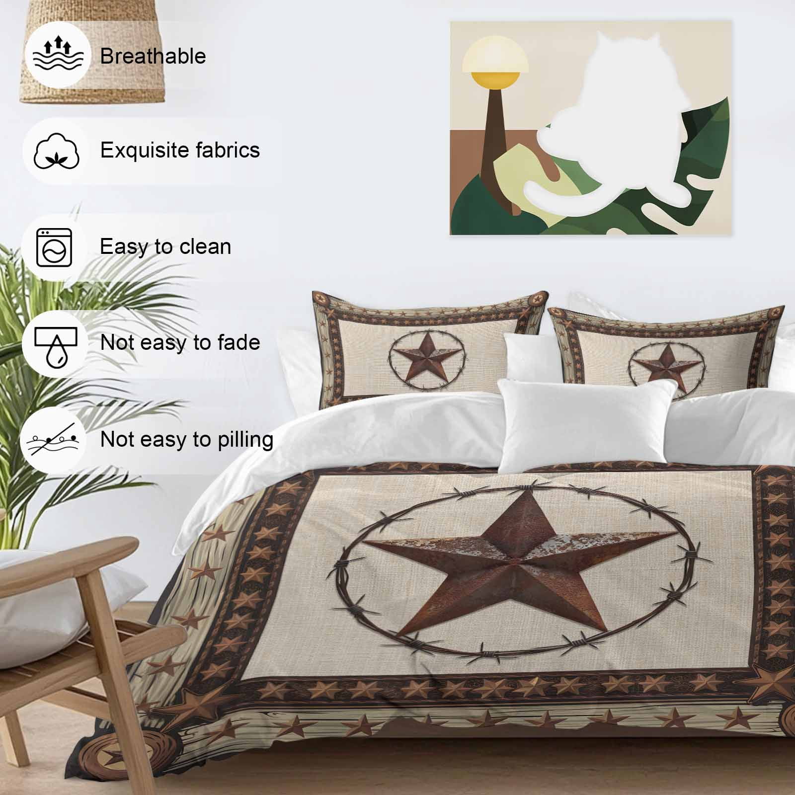 Cal King 4 Piece Bedding Set Country Star Texas Farm Wood Plank Soft Breathable Duvet Cover and Pillowcase,Farmhouse Vintage Linen Duvet Cover Set Washable Bed Sheets for Bedroom Dormitory Guest Room