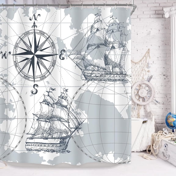 Extra Long Nautical Sailboat Map Shower Curtain 72Wx84H Inch Boat Sketch Ship Wheel Compass Anchor Decor Fabric Polyester Waterproof Fabric 12 Pack Plastic Hooks WW-HRRS
