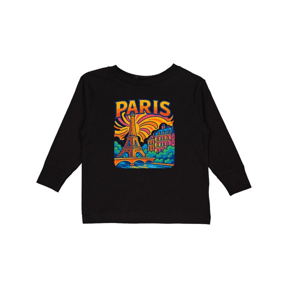 Inktastic Vibrant Paris Eiffel Tower Art with Colorful Skyline Boys or Girls Long Sleeve Toddler T-Shirt