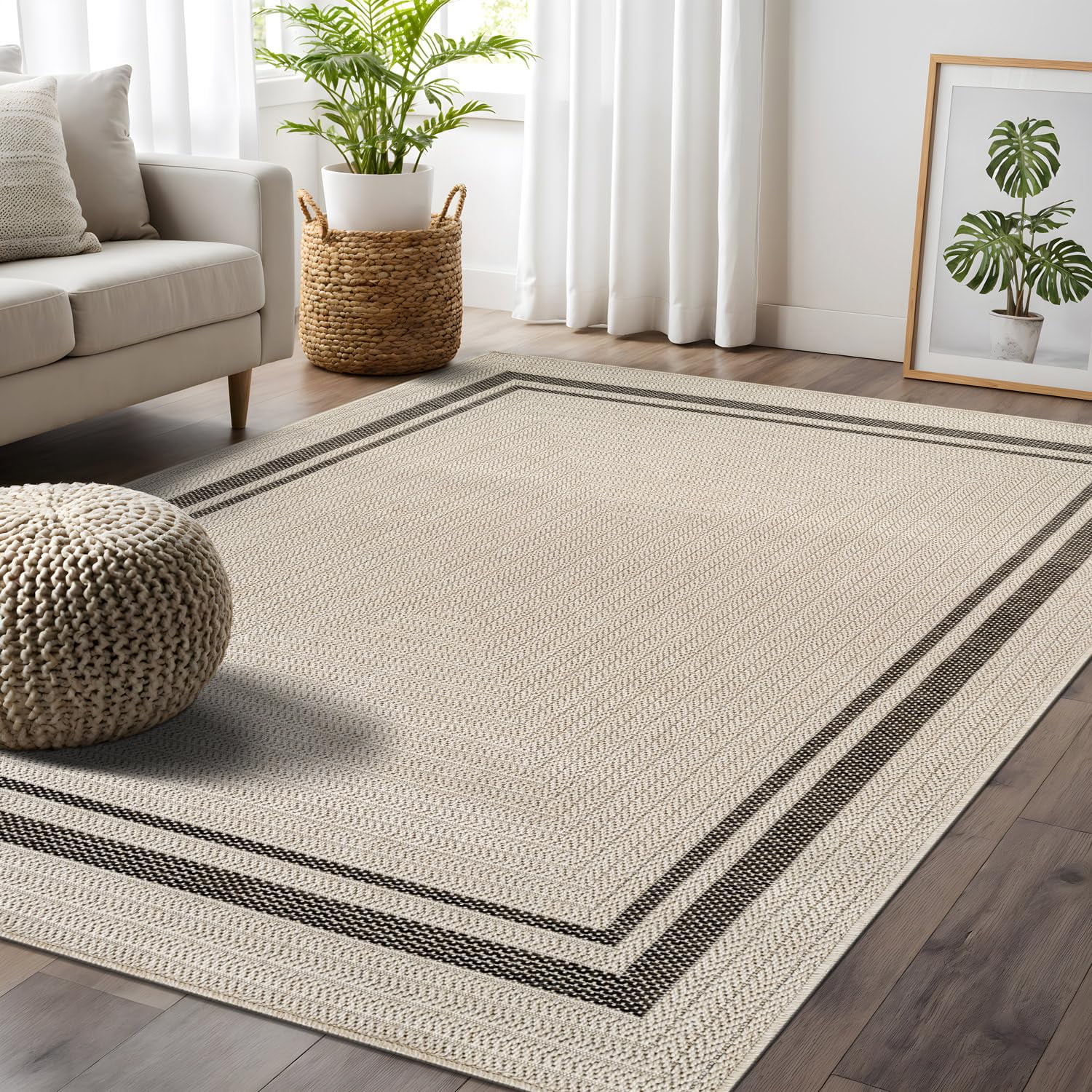 Beverly Rug Easy Jute Outdoor Indoor Non Shedding Easy-Cleaning Rug Bordered Off-White 4x6