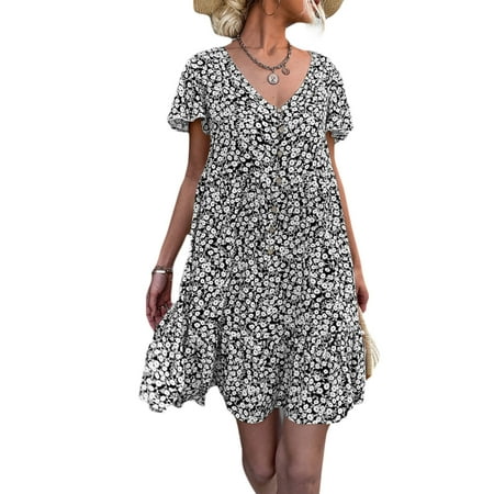 

Pudcoco Women Summer Dress Short Ruffle Sleeve Floral V-neck Loose Beach Skirt