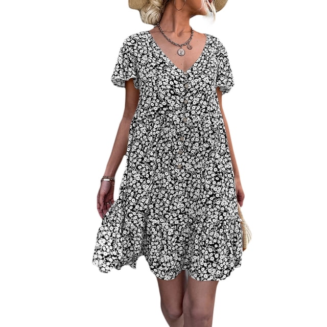 TRKIYQC Vestido de verano para mujer manga corta con volantes floral cuello en V botón falda de playa suelta para mujer TRKIYQC moderno
