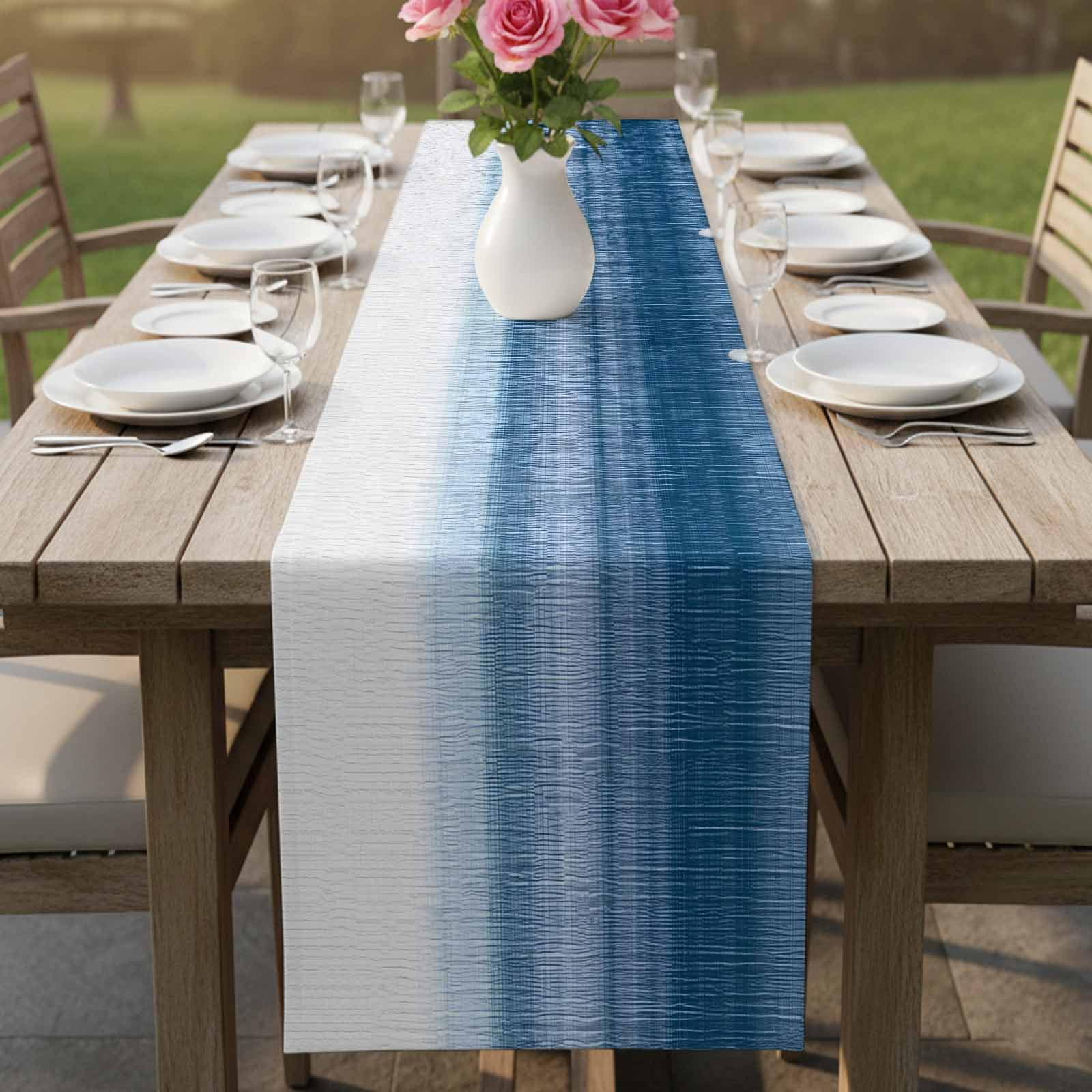 Haze Blue White Ombre Table Runner, Vintage Gradient Striped Aesthetics Washable Cotton Linen Table Runners 60 Inches Long, Dresser Scarf Runner for Coffee/TV Stands/Kitchen/Cabinets 13''x60''