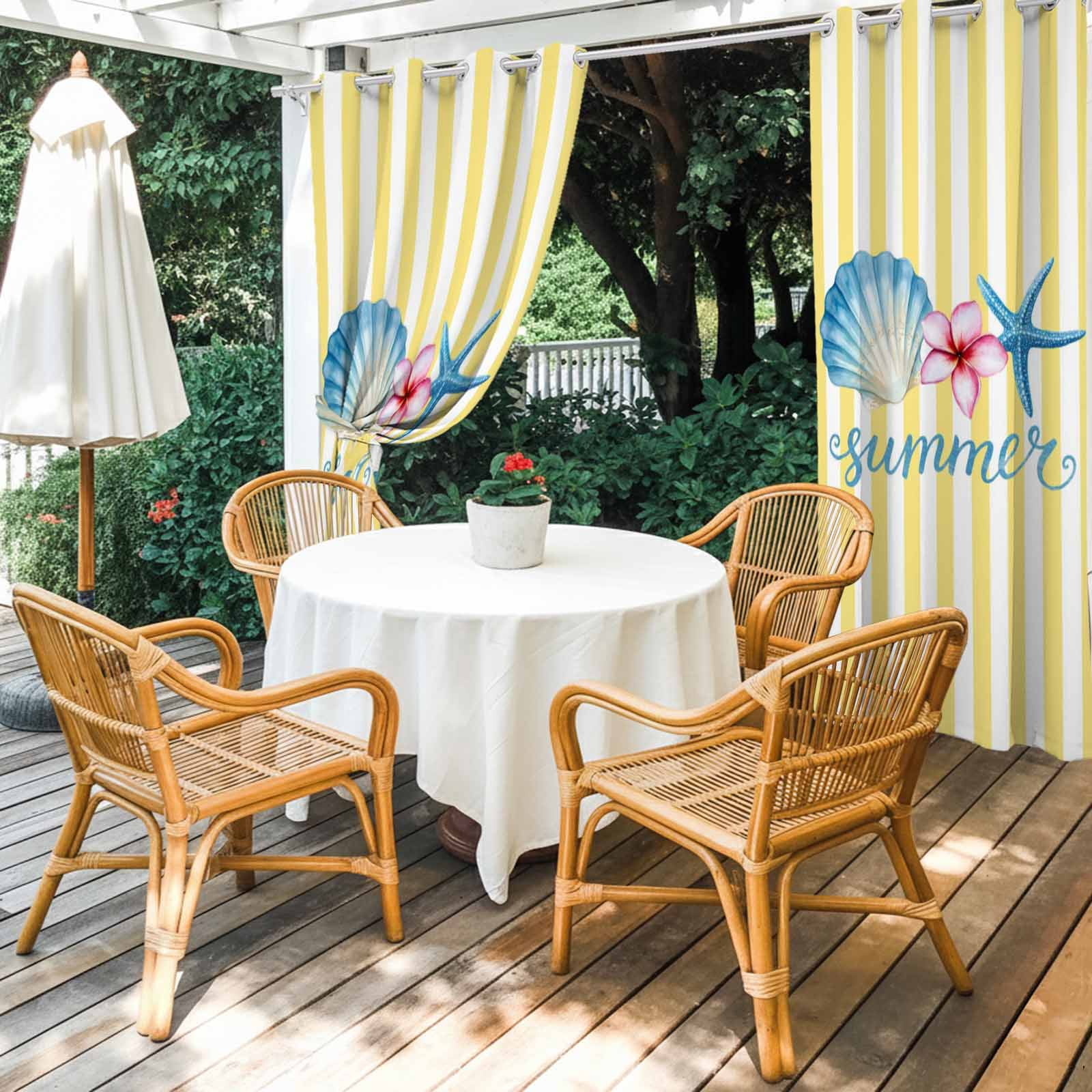 Starfish Shell Outdoor Curtains for Patio, Summer Pink Floral Yellow Stripes Sunshade Privacy Drapes Grommet Waterproof Outside Curtains for Porch/Cabana/Balcony 54"x 108", 1 Panel