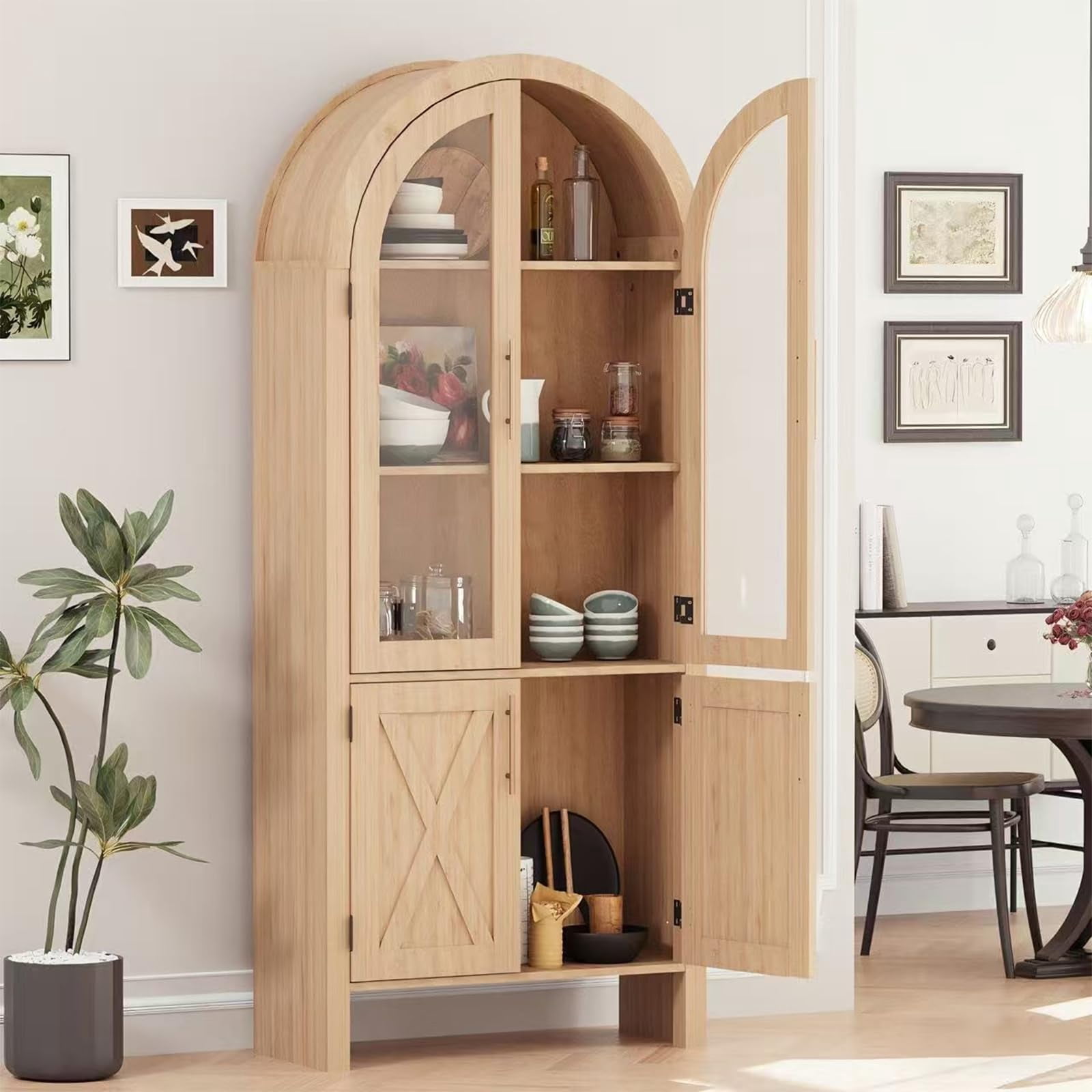 Accreate 60" Arched Display Cabinet with Fluted Details, Boho Glass Door Bookshelf, 5-Tier Tall Wood Pantry Cabinet, Arched Hutch Storage Cabinet for Entryway, Kitchen, Living Room