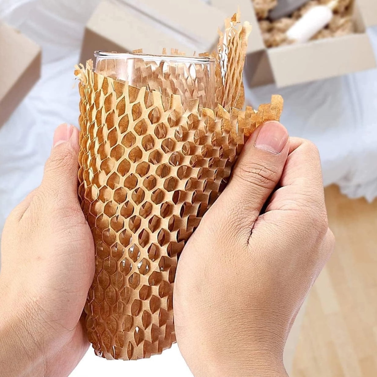 Honeycomb Packing Paper Roll, Kraft Cushion Wrapping Paper for Moving, Shipping & Gift Packaging, Recyclable Protective Bubble Alternative Paper, Khaki Color