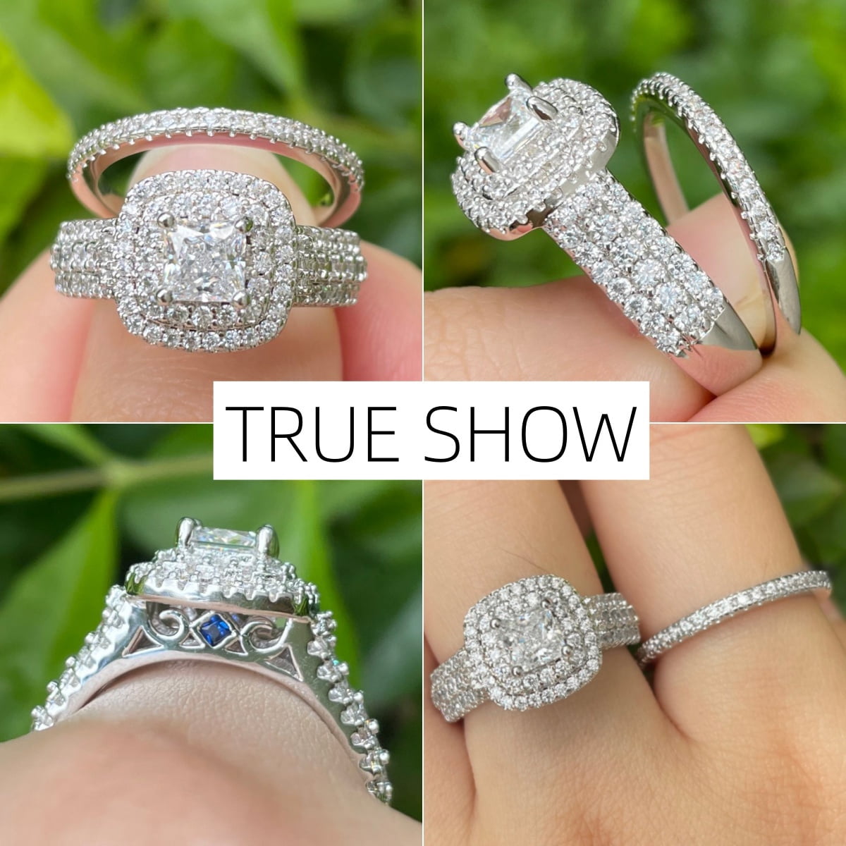 SFTING Wedding Rings Set for Women Halo Princess Cut 5A CZ Engagement Rings Silver 18K Plated Jewelry Anniversary Gift for Her Size 9