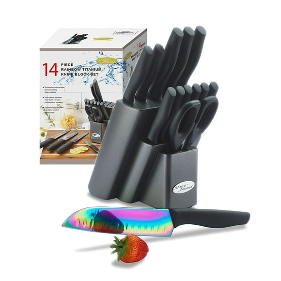 Marco Almond Knife Set with Block, 14 Piece Rainbow Titanium Knife Block Set, KYA25 Cooking Steak Knives set with Black Handle.
