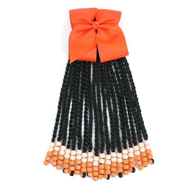 Extensiones de cola de caballo con cuentas para niñas, trenzas de caja, extensiones de cabello sintético con lazos, peinado protector fácil y moderno para niñas pequeñas (naranja ombré, caja de 23 cm)
