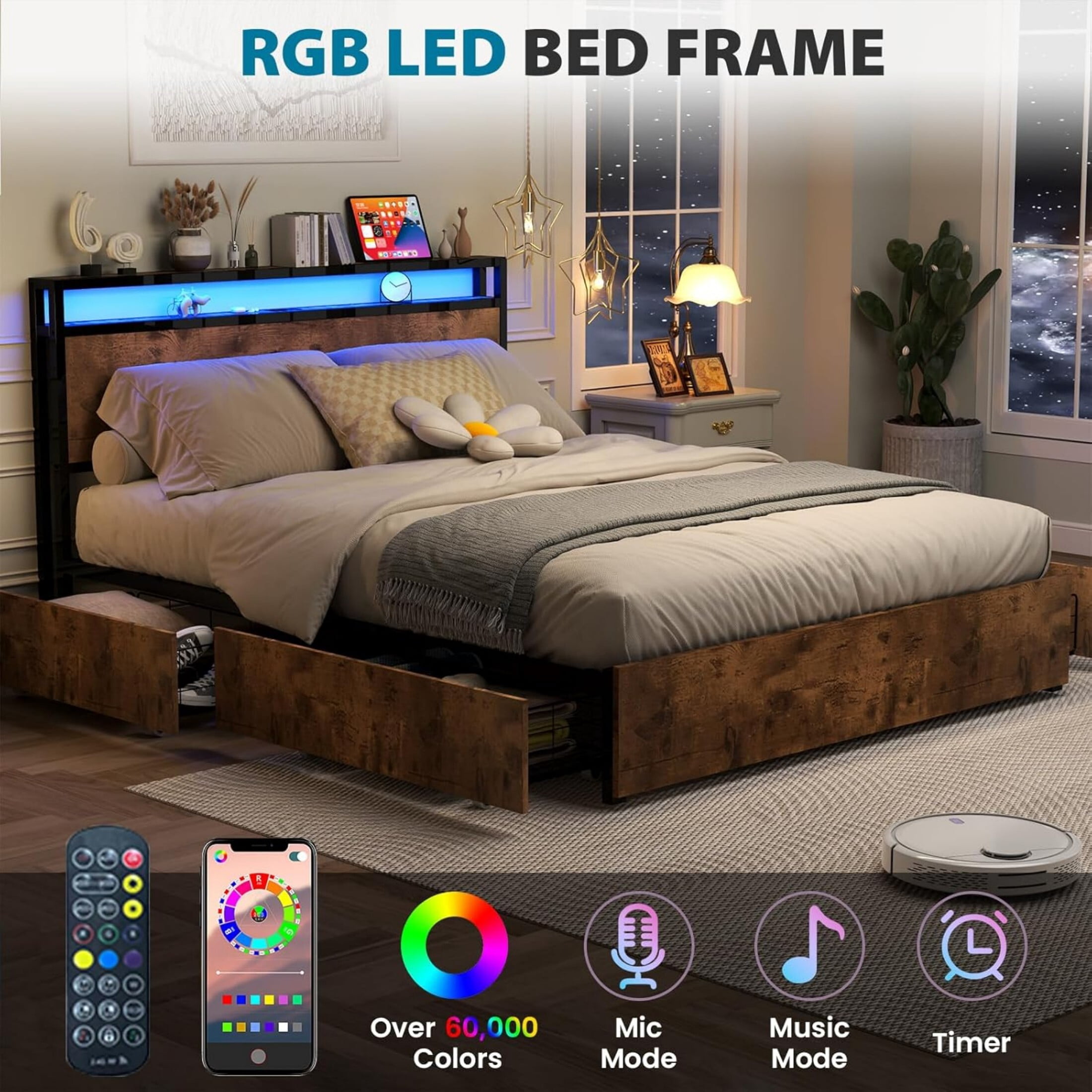 AENKYO Queen Size Bed Frame with LED Lights and Charging Station, Bed with 4 Drawers, Rustic Brown