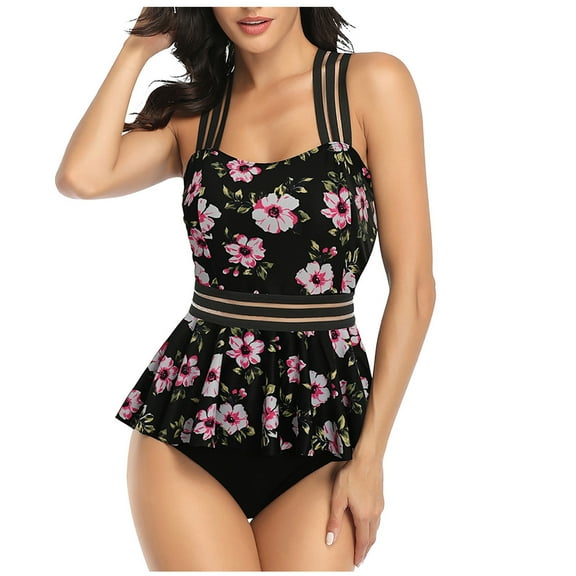 Arnsht Tankini Tops for Women Swimwear Backless Beach Print Tummy Control Bathing Suit Top Conservative Separate Swimsuit with Skirt Black L