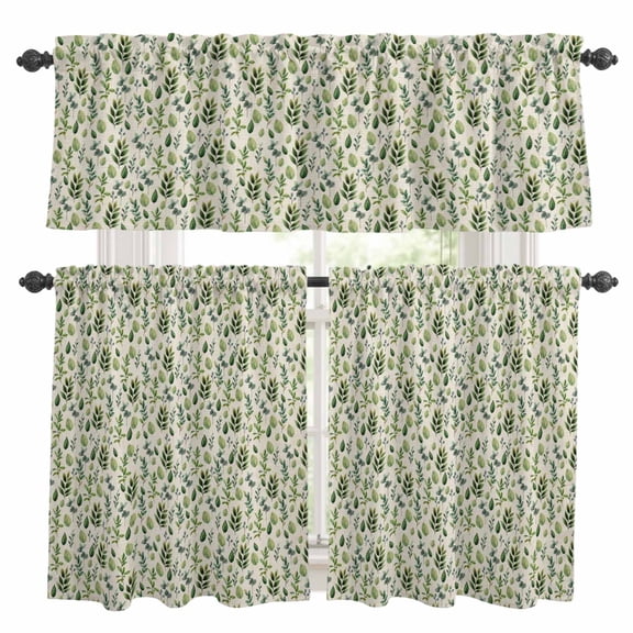 Green Leaves Kitchen Curtains Sets for Windows 36 Inch Length, Pastoral Rustic Botanical Plant Beige Rod Pocket Window Treatments Tier Curtains and Valances Set for Bedroom/Bathroom