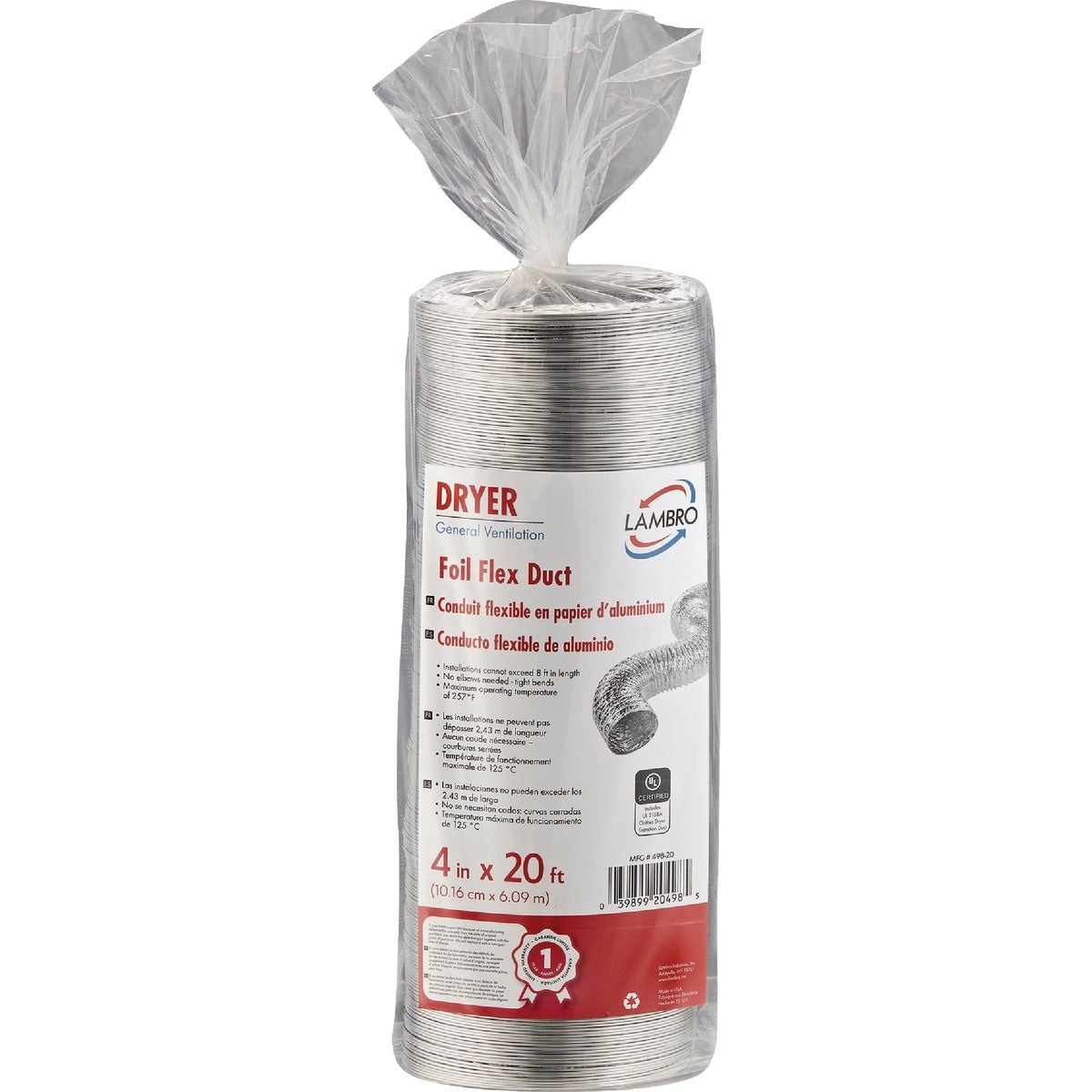 Lambro Industries 498-20 4 in. x 20 ft. Foil Flex Clothes Dryer Transition Duct