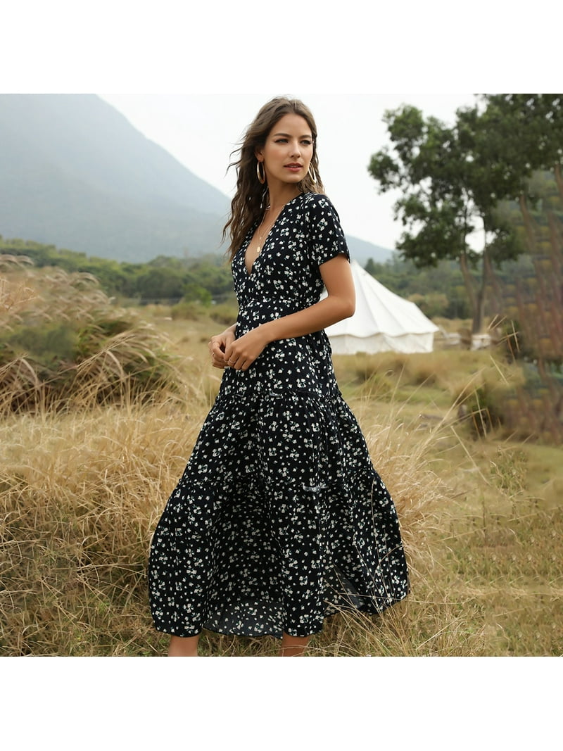 Hotian Women Floral Deep V Neck Drawstring Waist Tiered Vacation Beach Maxi  Dress Navy Blue L/US8-US10 - Walmart.com