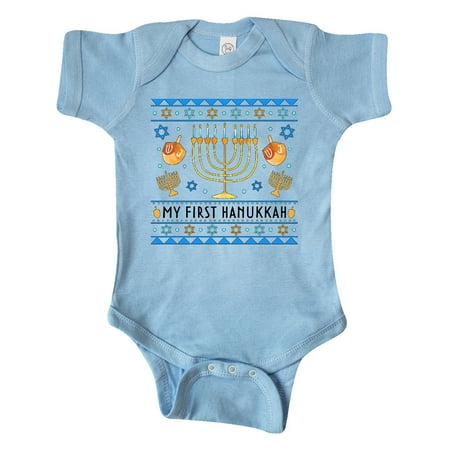 

Inktastic My 1st Hanukkah Sweater Style Design Menorah and Dreidels Gift Baby Boy or Baby Girl Bodysuit