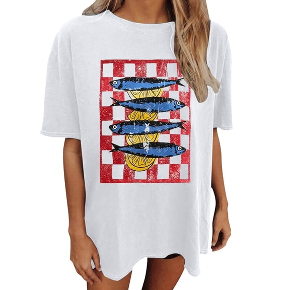 KHONTS Oversized Tshirts for Women Graphic Loose Crewneck Tees Half Sleeve Cute Fashion Summer Pattern Print Tops White XL
