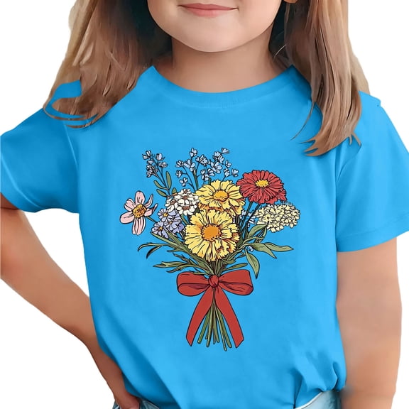 Girls Graphic Tee Vintage Wildflower Bouquet Shirt Soft Stretchy Crewneck Kids Short Sleeve Blue,Size 4-5T
