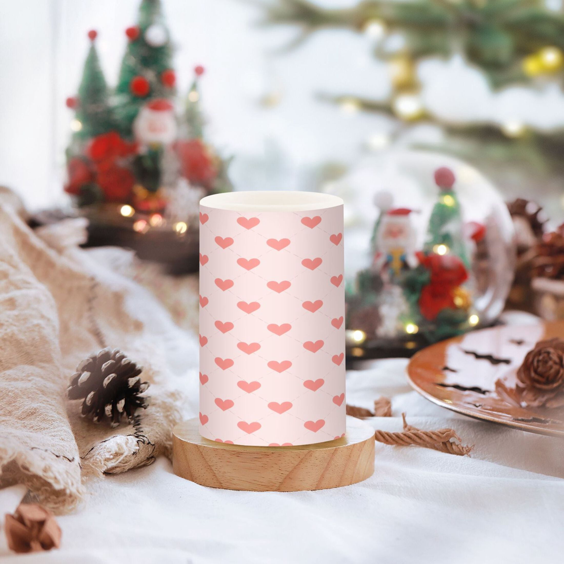 Pink Love Pattern Flameless LED Candle Set with Remote, Battery Operated Color Changing Pillar Candles, Set of 2