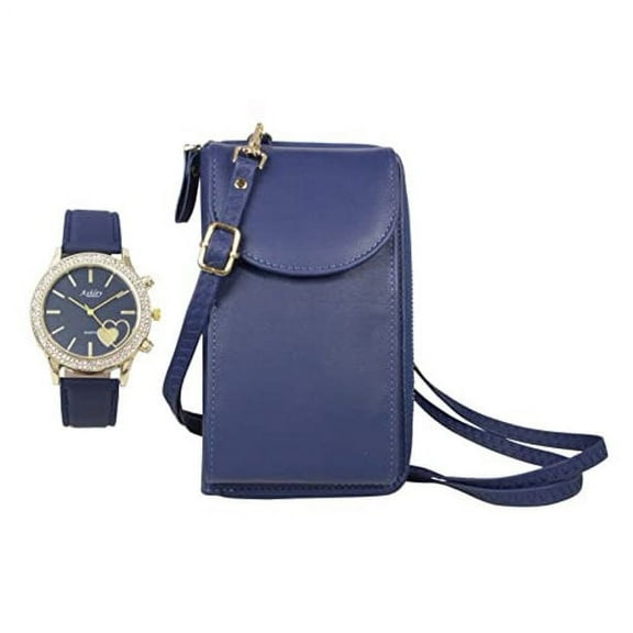 Women's Easy Reader Colorful Watch Matching with Perfect Colorful Wallet which Holds Smartphone, Credit Cards, Cash & Change Organized & Elegantly Impressive Gift Set - ST10385-Blue