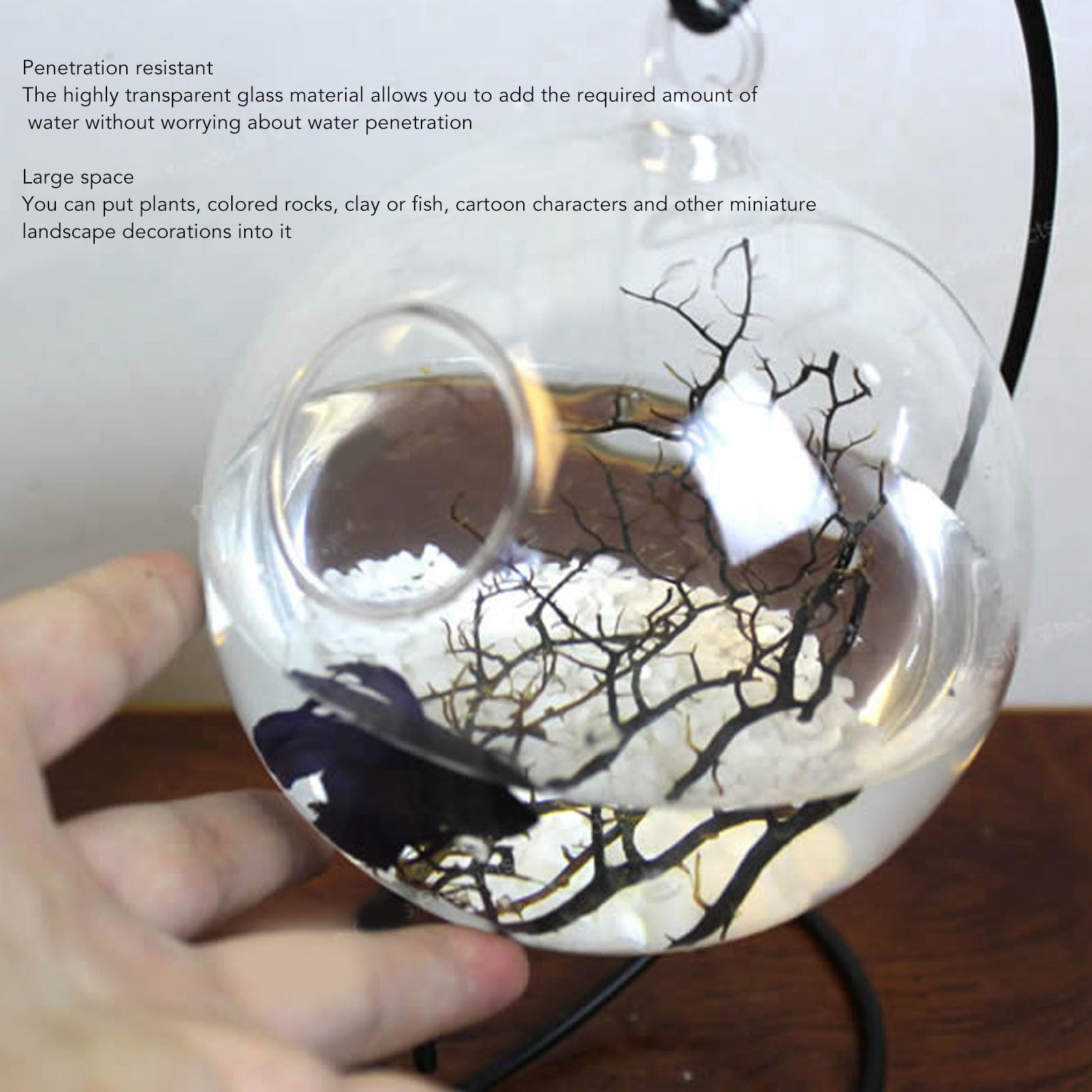 BIMZUC Hanging Glass Fish Tank Transparent Desktop Bowl with Metal Stand for Home Office Decor Mini Aquarium Kit for Betta Goldfish Plants 5.91 inches / 15.0 cm