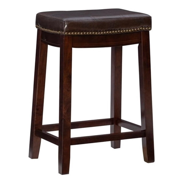 Linon Claridge Backless Counter Stool Faux Leather Nailhead Trim in Brown Wood