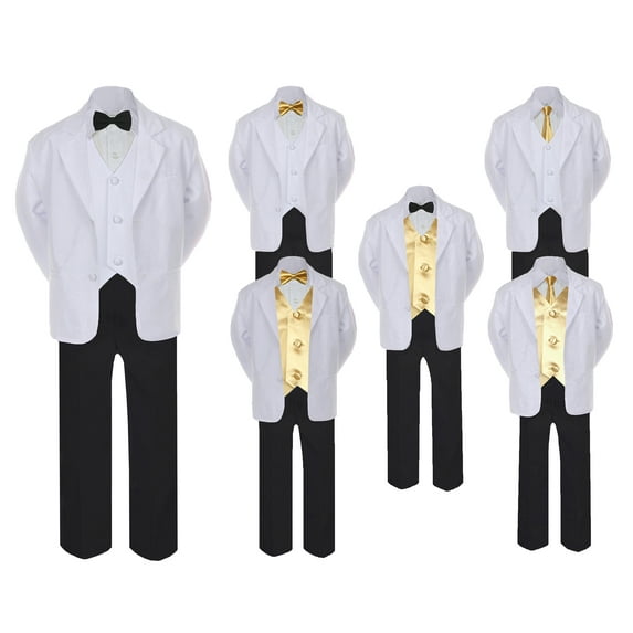 5-7pc Formal Black White Suit Set Mustard Bow Necktie Vest Boy Baby Sm-20 Teen