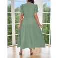 thumbnail image 2 of Green Plus Size Womens Summer Solid V-Neck Short Sleeve Bubble Sleeve A-Line Maxi Dress With Waist Pleats, 2 of 5