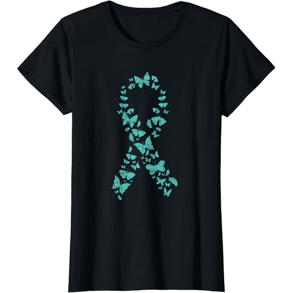 Teal Ribbon Butterflies Ovarian Cancer Awareness T-Shirt