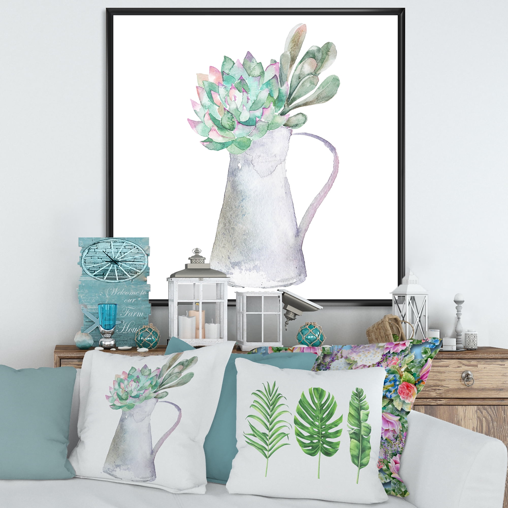 Designart 'Succulent Home Plant In Jug' Traditional Framed Canvas Wall Art Print