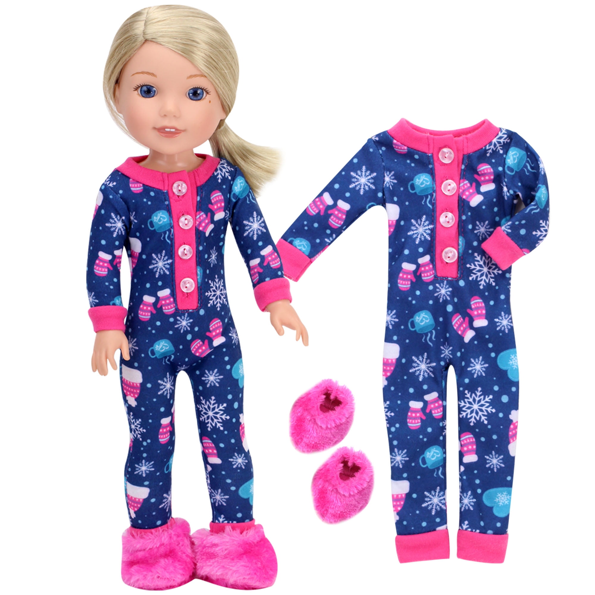 Sophia's One Piece Winter Pajamas and Slippers for 14.5' Dolls, Blue/Hot Pink