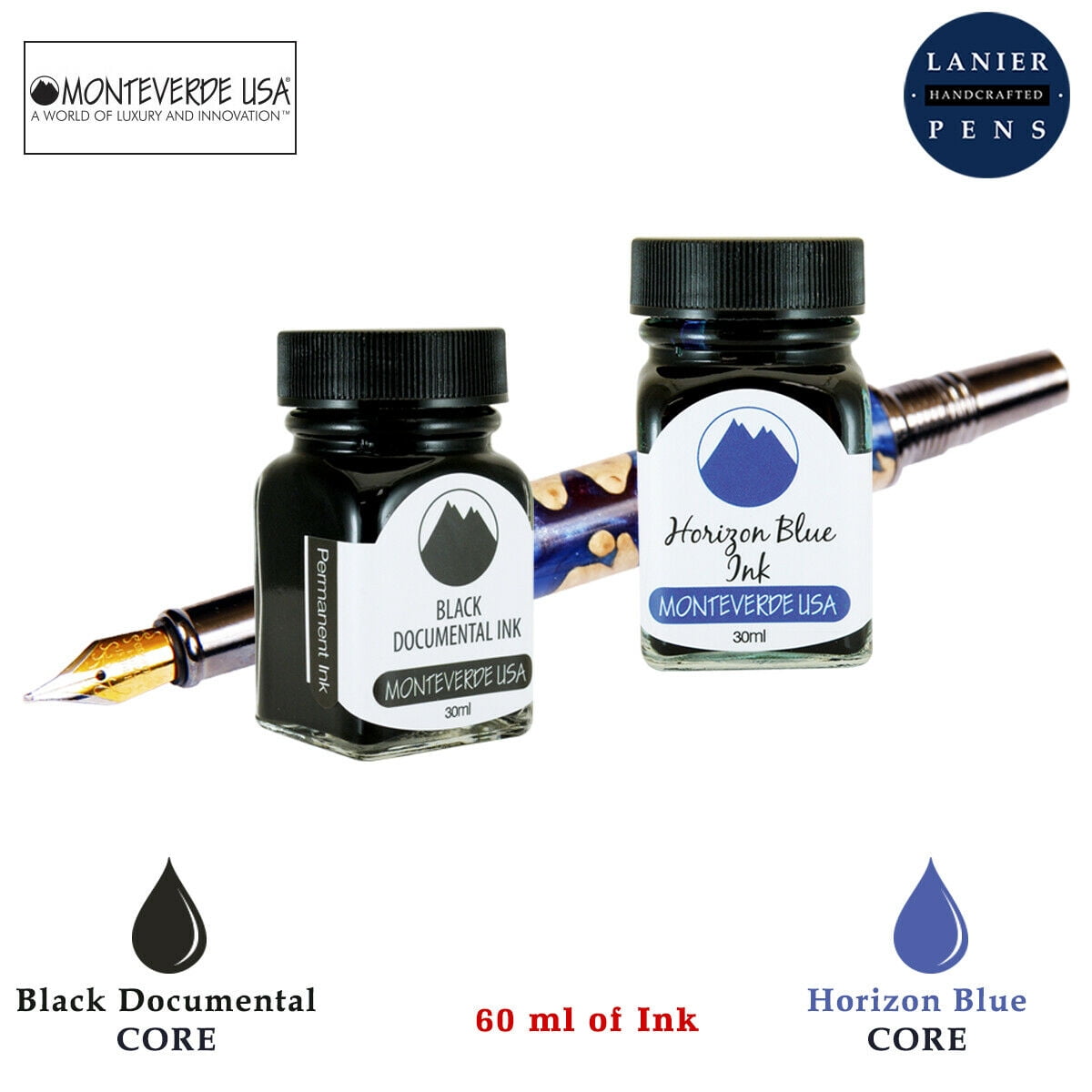 Monteverde 60ml Core Fountain Pen Ink Bottle (30ml Black Documental Ink Bottle G309DB, 30ml Horizon Blue Ink Bottle G309HB)