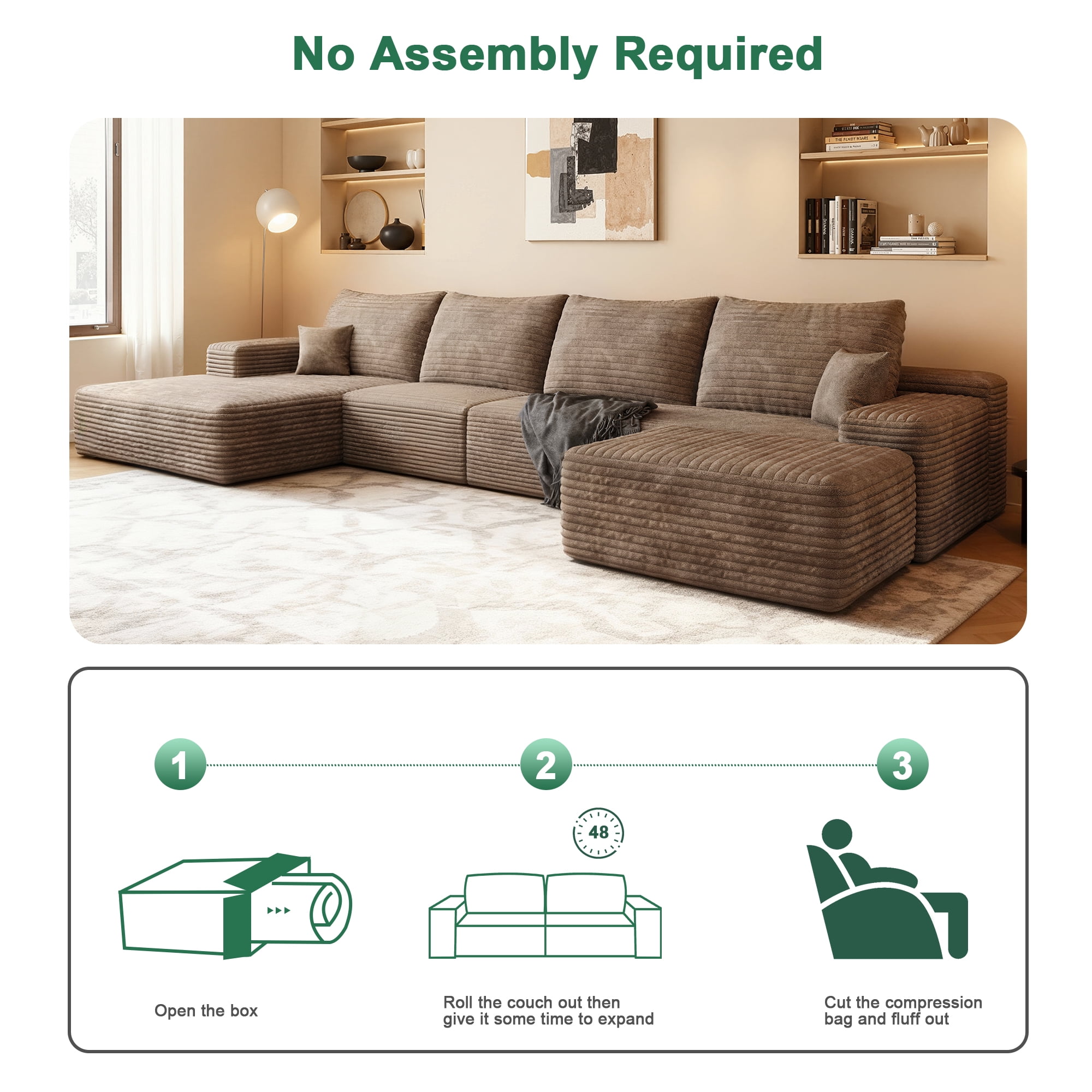 MAYEERTY 135" Cloud Sectional Sofa Couch Boneless Compressed Memory Comprimido Foam No Assembly Required