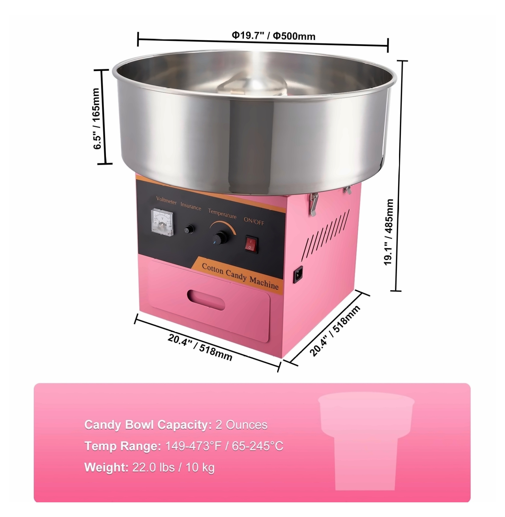 Electric Cotton Candy Machine, 1050W Candy Floss Maker, Commercial Grade with Stainless Steel Bowl, Pink, for Home Parties & Events