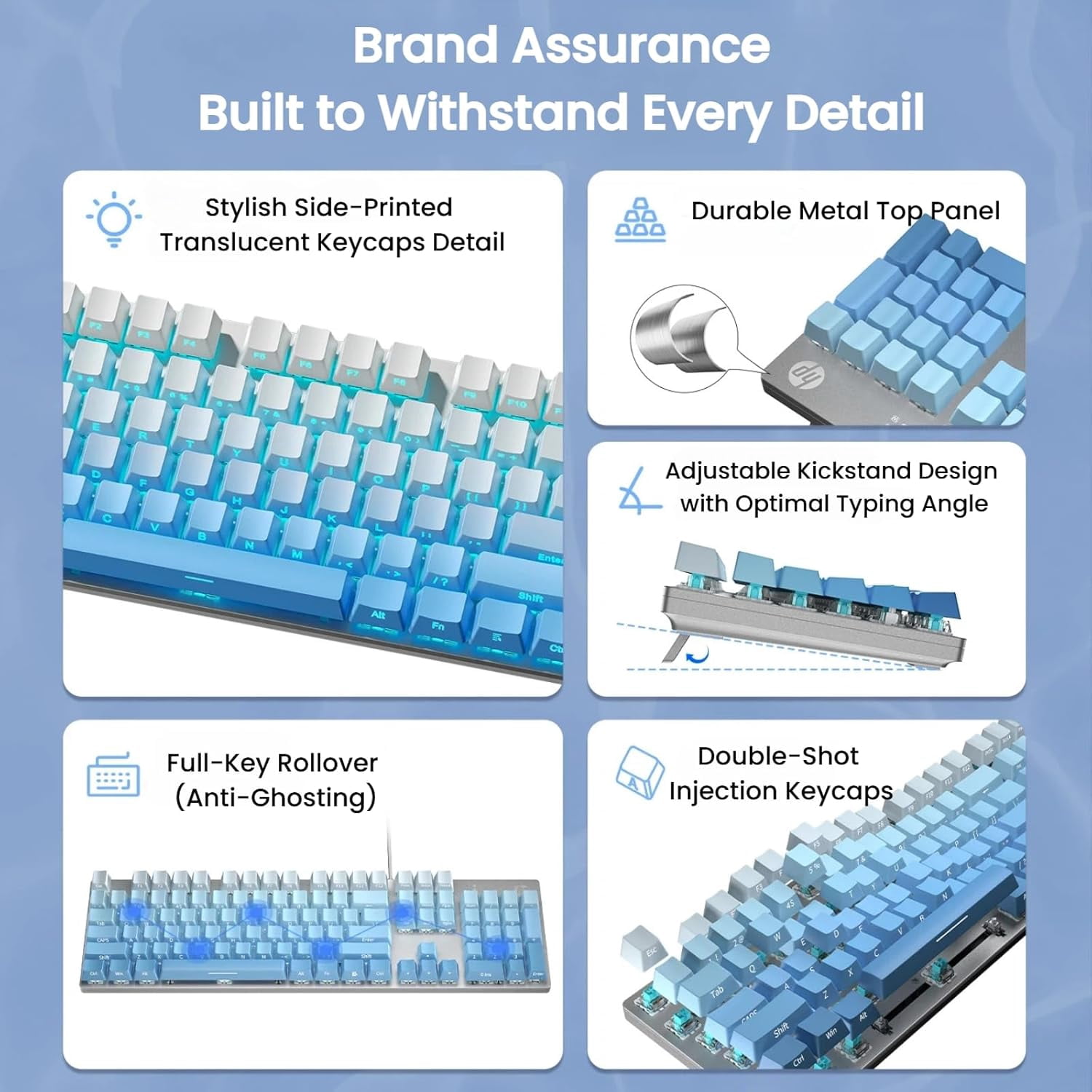 HP GK400F Wired Mechanical Keyboard – 104-Key Brown Switches, USB Connection, Dual-Use for Office & Gaming, Silver/Glacier Blue, Side-Printed Keycaps