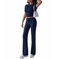 thumbnail image 3 of Women'S 2 Piece Lounge Sets Short Sleeve Tops Fold-over Flare Pants Casual Outfits Matching Set Dark Blue XL, 3 of 10