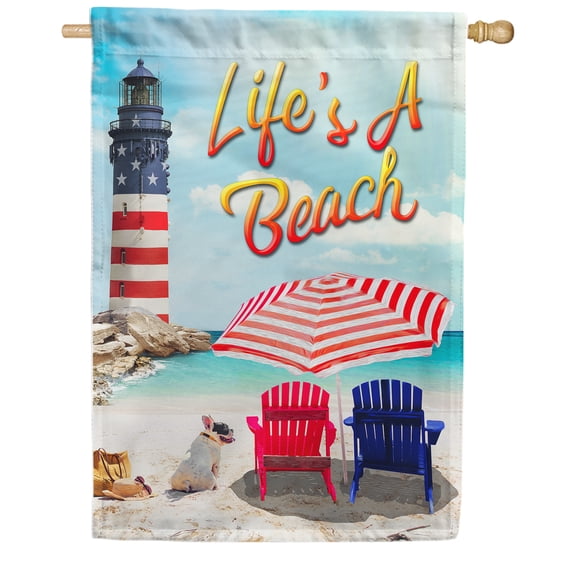 America Forever Life's a Beach Summer Nautical House Flag 28 x 40 inches Adriondack Chairs Patriotic Lighthouse Tropical Double Sided Seasonal Yard Outdoor Decorative Tranquil Coastal Flag