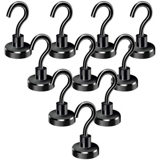 Ganchos magnéticos, ganchos magnéticos resistentes de color negro, fuertes para colgar en el frigorífico, la parrilla, los utensilios, la pizarra blanca, la cocina y el aula, paquete de 10