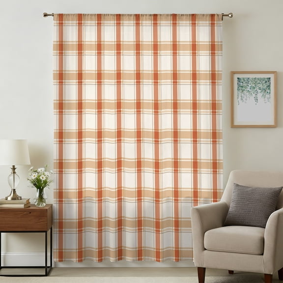 Orange Plaid Sheer Curtains 63 Inch Length for Bedroom, Fall Gingham Grid Striped Geometric Light Filtering Privacy Drapes, Breathable Semi Sheer Window Treatment for Kitchen Dining Room Nursery