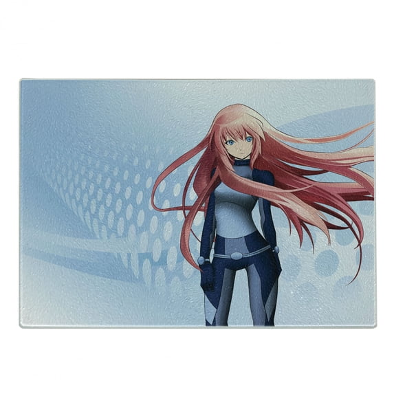 Anime Cutting Board, Futuristic Manga Girl Science Fiction Doodle Effect Japanese Style Digital Art Print, Decorative Tempered Glass Cutting and Serving Board, Small Size, Pale Blue, by Ambesonne