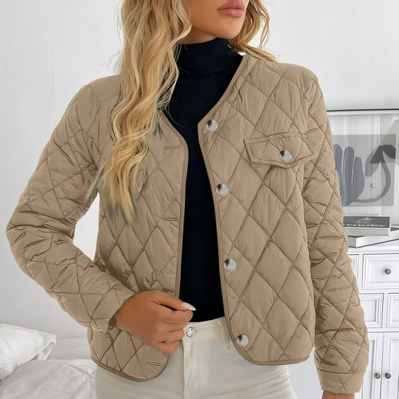 UQJfacai Womens Cropped Quilted Jackets V-Neck Button Down Puffer Jacket Padded Winter Coat Fall Lightweight Loose Casual Outerwear