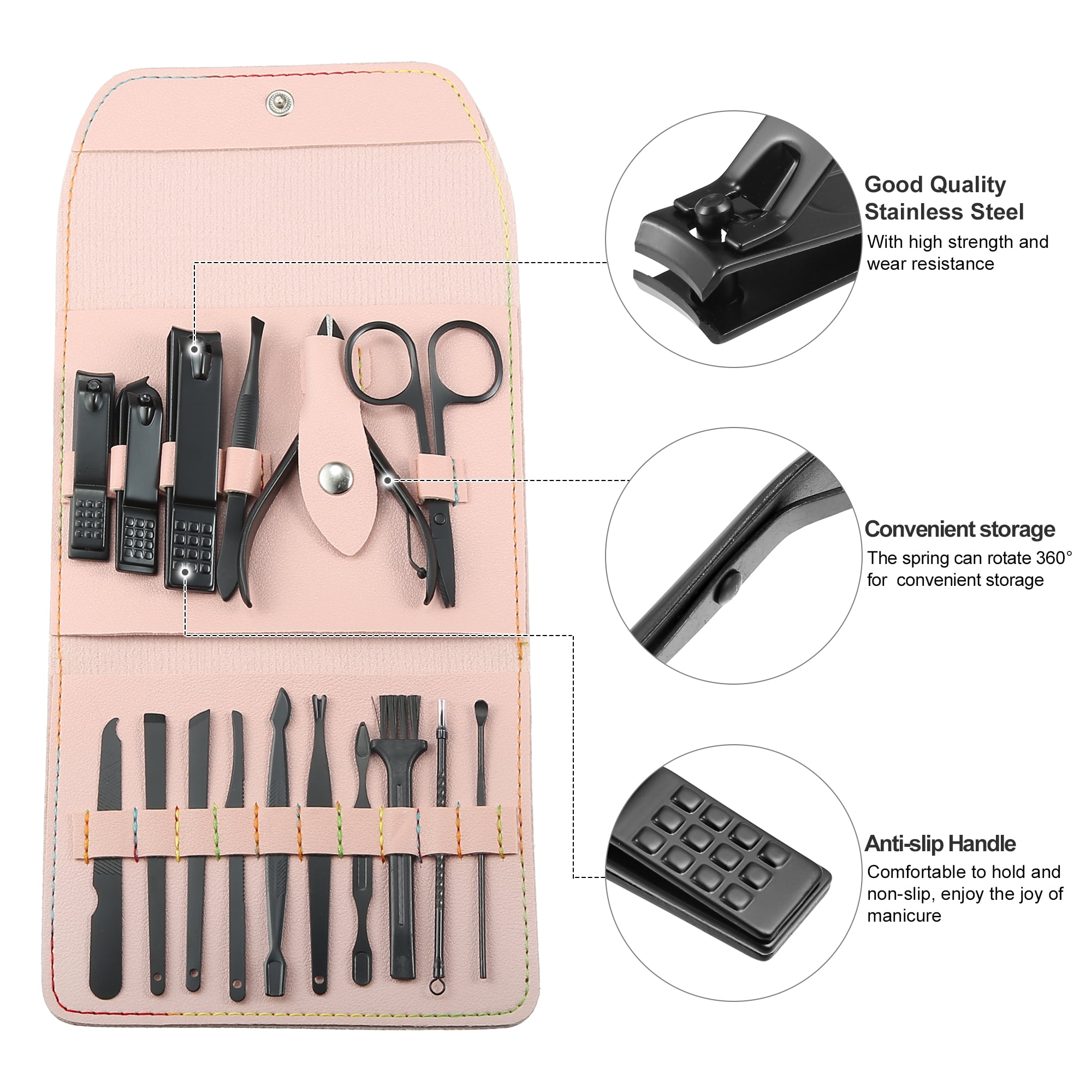 Unique Bargains 16 pcs Manicure Set with Pink PU Case Personal Care Stainless Steel Black