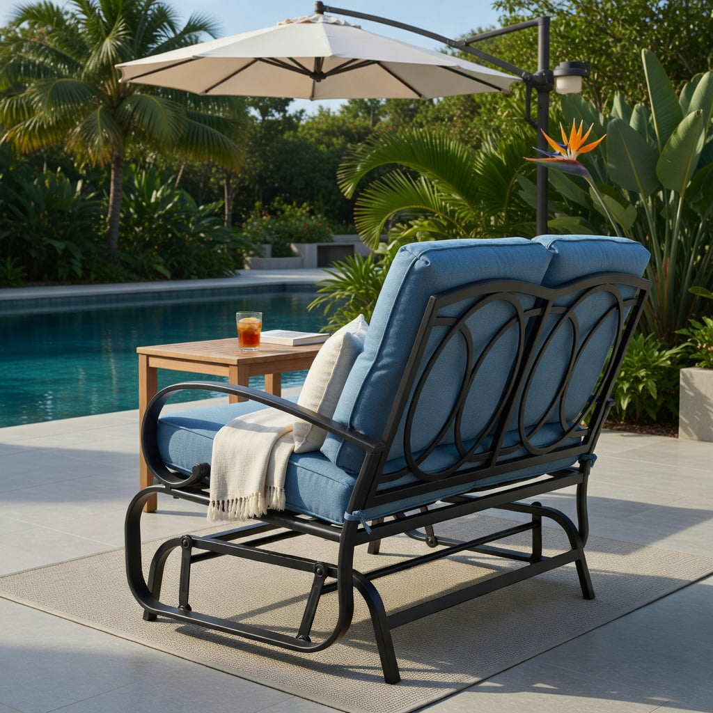Hommoo Outdoor Rocking Loveseat Bench with Cushions, Steel Frame Patio Bench for Backyard, Deck & Poolside, Cushioned 2-Person Rocker, Navy