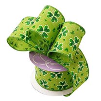 St. Patrick's Day Wired Ribbon - 2 1/2" x 10 Yards, Glittery Emerald Shamrocks on Green Fabric, Earth Day, Kiss Me I'm Irish, Gift Wrapping, Bows